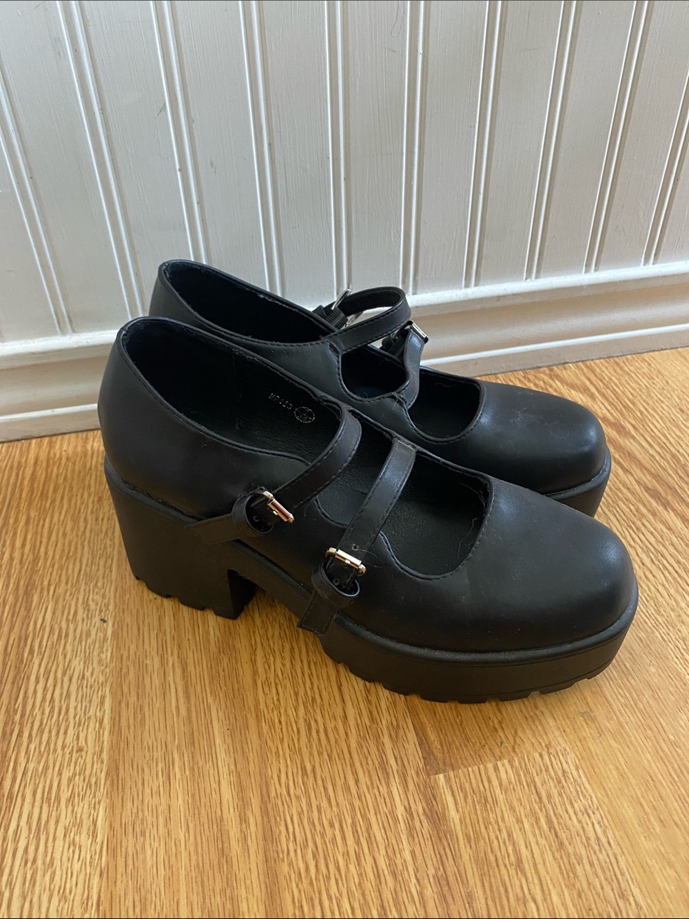 Black Platform Mary Jane Heels with Buckle Straps
